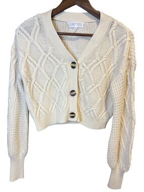 Planet Gold Ivory Cable-Knit Cropped Cardigan Sweater